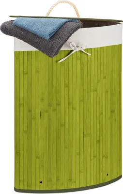 Produktbild von Relaxdays Eckwäschekorb Bambus, faltbare Wäschebox 60 l, platzsparend, Wäschesack Baumwolle, HBT 65 x 49,5 x 37 cm, grün