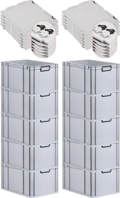 Produktbild von SuperSparSet 10x Eurobox NextGen Color mit Scharnierdeckel und Schiebeschnappverschlüssen | HxBxT 32x40x60cm | 65 Liter | Grau | Griffe schwarz geschlossen | Verstärkter Boden | Eurobehälter, Transportbox, Transportbehälter, Stapelbehälter