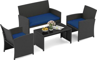 Image de Ensemble de meubles de jardin en polyrotin COSTWAY, mobilier de salon d'extérieur, ensemble comprenant 2 chaises, un banc, une table et des coussins, mobilier de terrasse, ensemble de jardin bleu