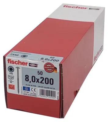 Zdjęcie produktu dla 50 sztuk wkrętów do drewna Fischer, 8,0x200 mm, stal nierdzewna A2, łb płaski, gwint częściowy, napęd TX