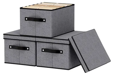 Produktbild von 3er Set Aufbewahrungsbox mit Deckel, Faltbarer Aufbewahrungskorb, Stoffbox mit Griff, Organizer für den Kleiderschrank, Grau, 33x23x18cm