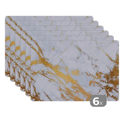 Obrázok produktu pre MuchoWow® Podložky Sada 6 podložiek Umývateľné podložky 30x45x0.3cm Mramor - Zlatá - Biela - Luxe - Mramorový vzhľad - Trblietky Podložka pod stôl