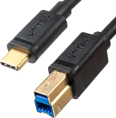 A close-up shot of a USB-C to USB-B 3.0 cable on a white background.