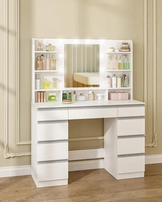 Imagen del producto de Tocador con espejo, color blanco, con iluminación LED y 9 cajones