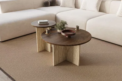 Produktbild von Skye Decor, Kaffeetisch-Set (2 Teile), Walnuss & Travertin, 70 x 40 x 70 cm & 40 x 47 x 40 cm | 100% melaminbeschichtete Spanplatte | Modernes Design für stilvolle Wohnräume.