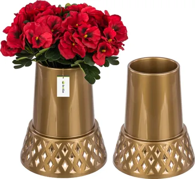 Produktbild von 2 Stück Friedhofsvase in Kegelform durchbrochen Grabstein Grabdekoration Grabsteckvase Blumenvase H 25 cm Ø 11 cm Golden Grabblumenkompositionen für lebende und künstliche Blumen