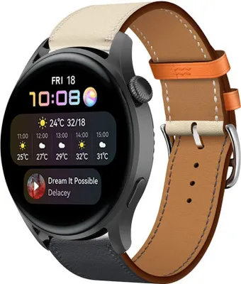Produktbild von Strap-it Huawei Watch 3 (Pro) Lederarmband (Weiß/Dunkelblau)