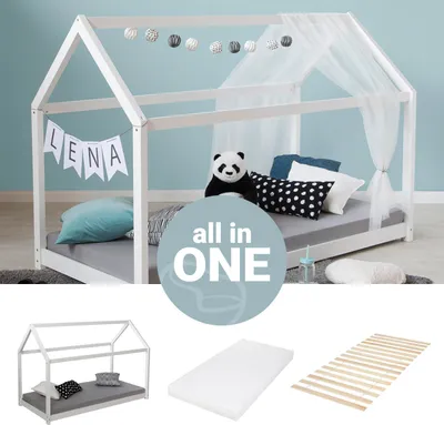 Produktbild von Homestyle4u Kinderbett Hausbett 160x80 Weiß mit Matratze Kinder Bett Haus Holz Kiefer 80x160 cm
