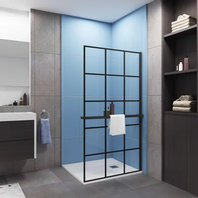 Produktbild von AICA 80x200cm 8mm NANO Glas Walk In Schwarz Duschwand mit Glasdekor Gitter mit Duschregal