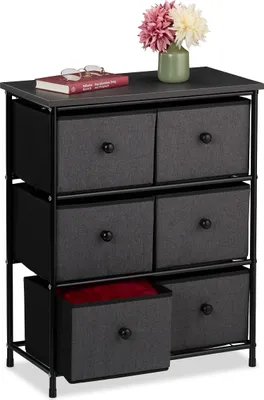 Image de Commode Relaxdays, 6 tiroirs en tissu, pour le couloir et la chambre, H x l x P : 73 x 60 x 32 cm, commode à tiroirs, métal, gris/noir