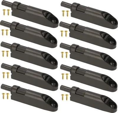 A set of black furniture door dampers and screws arranged in rows on a white background.