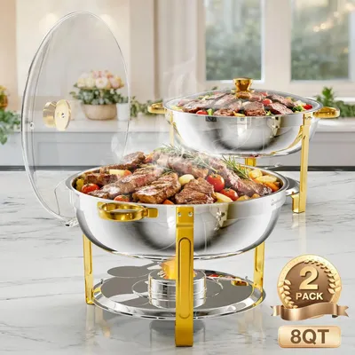 Produktbild von Rundes Chafing-Dish Buffet-Set - 8 QT Warmhaltebehälter - 2er Set - Mit Wasserbad, Speisenschalen und Brennpastenhalter - Für Catering und Hochzeit