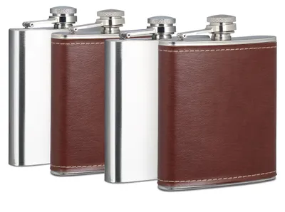 Produktbild von 4x Flachmann 200 ml, 2 Taschenflaschen mit Kunstleder Hülle, 2 kleine Flachmänner aus Edelstahl, für unterwegs, silber