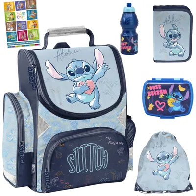Produktbild von Schulranzen für Jungen und Mädchen, 6er-Set - Schul-Rucksack für Kinder mit Federmäppchen - Schuhbeutel Trinkflasche und Brotdose- Stitch Motiv