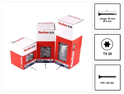 Produktbild von fischer Spanplattenschraube PowerFast, FPF II CTF 5,0 x 30 BC 200 Senkkopf mit Innenstern TX Vollgewinde galvanisch verzinkt, blau passiviert, 200 Stück