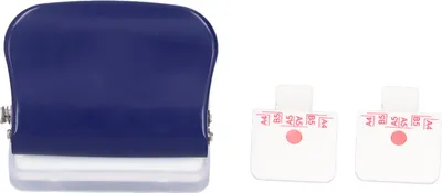 Imagen del producto de Locher, perforadora portátil pequeña de color azul oscuro, con regla de posicionamiento para papel en formatos A4, A5 y B5