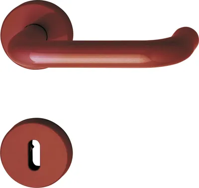 A red door handle and a matching keyhole escutcheon are shown against a white background.