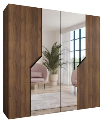 Produktbild von MEBLE KRYSPOL Schrank 200x202x52 cm mit Kleiderstange & Spiegel, 4xTür, ANDREW, Warmia-Nuss, Griff Schwarz