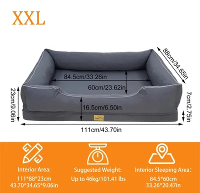 Produktbild von Orthopädisches Hundebett - Hundesofa - 2XL 111 × 88 × 23 cm - 100 % Baumwolle - Schaumstoffbasis mit Randpolstern - Abnehmbarer, maschinenwaschbarer Bezug - Dunkelgrau