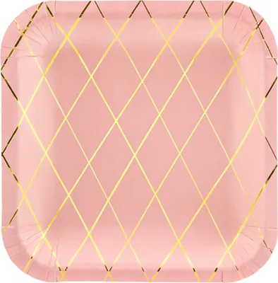 Produktbild von 6 Pappteller, rosa mit goldenem Gitter Muster, quadratisch