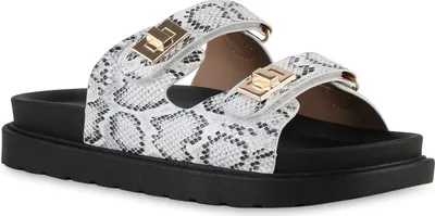 Produktbild von VAN HILL Damen Pantoletten Sandaletten Profil-Sohle Freizeit Plateau-Schuhe 841737, Farbe: Weiß Snake, Größe: 36