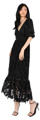 Produktbild von Maya Deluxe Damen Kleid, Midaxi-Länge, V-Ausschnitt, Puffärmel, Spitzenbesatz, A-Linie, für besondere Anlässe