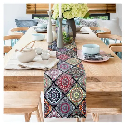 Produktbild von Tischläufer Boho Vintage Geometrie, Bunter Tischläufer aus Leinen, Orientalische Tischdecke, Marokkanische Tischdecke für Restaurants, Hochzeiten, Partys und Feste, 33 × 183 cm