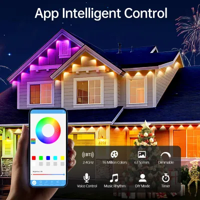 Produktbild von Permanente Außenbeleuchtung für das Haus, 36 LEDs, Steuerung über App und Fernbedienung, Lichterkette, farbwechselnde, intelligente Beleuchtung für den Dachüberstand, ideal für Partys, EU-Stecker