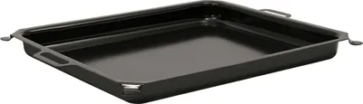 A black roasting pan with handles, shown from a slightly elevated side angle against a white background.