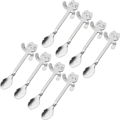 Produktbild von 8er Set Kaffeelöffel mit Katzenköpfchen und -pfötchen als Randhalter Kaffee Löffel Kätzchen Design Teelöffel Katze Edelstahl Poliert