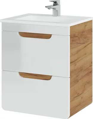 Produktbild von Waschtisch 52 cm mit Keramik-Waschbecken LUTON-56 Hochglanz weiß mit Wotan Eiche Nb. B/H/T ca. 52/61/40 cm