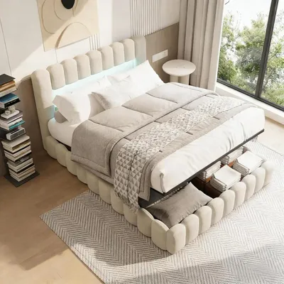 Produktbild von Polsterbett - Bett 140x200 cm - Stauraum unter dem Bett - LED-Beleuchtung - USB-Anschluss - Holzrahmen - Leinenbezug - Beige