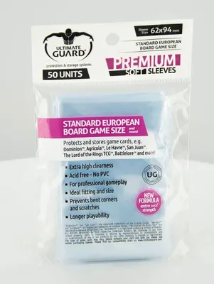 Zdjęcie produktu dla Rękawy Ultimate Guard Premium – standardowy rozmiar do europejskich gier planszowych (50 szt.)
