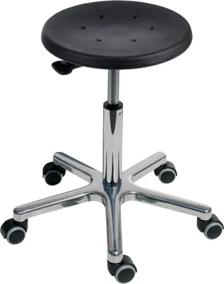 Produktbild von Drehhocker Atlanta | Sitzhöhe 46-64cm | Ø 53cm | Tragfähigkeit 110kg | Polyurethane-Sitz | Aluminium-Fußkreuz mit Rollen | Hebelauslösung | Schwarz