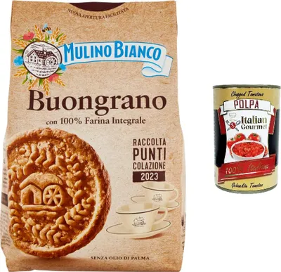 Produktbild von 12x Mulino Bianco Buongrano Kekse mit knusprigem Dinkelvollkorn, 100% Vollkornmehl, 350g + Italian gourmet polpa 400g