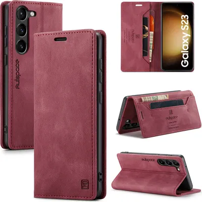 Produktbild von Galaxy S23 Brieftasche Hülle, Retro Kunstledertasche Stand Schutzhülle für Samsung Galaxy S23 Rot