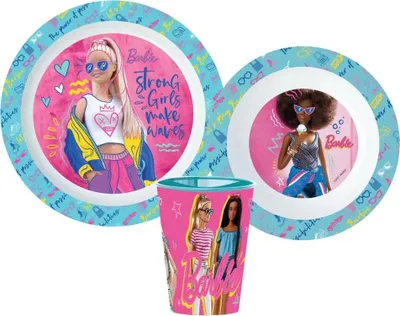 Produktbild von Barbie Kinder 3 teiliges Frühstücks Set Teller und Schüssel und Becher 260 ml