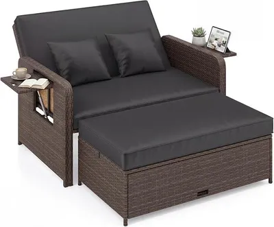 Zdjęcie produktu dla Lounge ogrodowy, podwójna leżanka z funkcją leżenia, rattanowe łóżko ogrodowe/leżanka z regulowanym oparciem, dwuosobowa sofa ogrodowa z stolikiem bocznym i pufą, udźwig do 360 kg (w kolorach brąz i czarny)