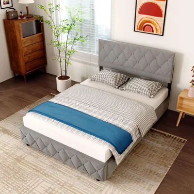 Produktbild von okwish Boxspringbett Polsterbett 140 x 200 cm mit Kopfteil in Knopfnahtverzierung, Hydraulisches Stauraumbett mit Bettkasten Stauraum, Doppelbett Jugendbett mit Lattenrost aus holz und Metallrahmen(Ohne Matratze)- Hellgrau