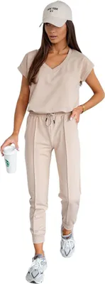 Produktbild von Damen Freizeitanzug Jogginganzug Baumwoll-Trainingsanzug Homewear Set Beige/S/36