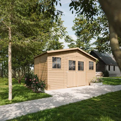 A wooden garden shed is situated in a grassy yard with trees and a paved walkway.