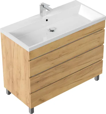 Produktbild von Stand Badmöbel Via 100 SoftClose eiche gold mit drei grifflosen Schubladen : Eiche Gold Varianten: Eiche Gold