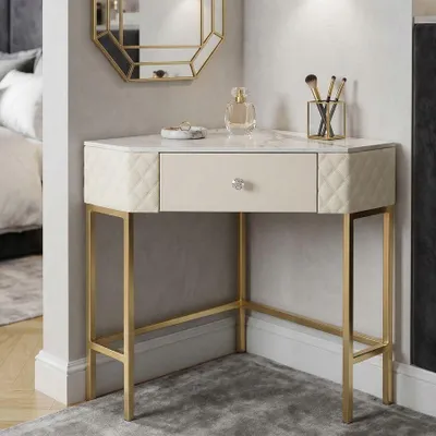 Zdjęcie produktu dla Konsola ze złotego metalu i kremowej ekoskóry 84,5x60x77 cm