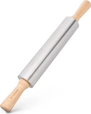 Produktbild von Navaris Nudelholz aus Edelstahl mit Holzgriffen - Teigroller mit Metallachse - Rollholz Wellholz Walze Nudelwalker - zum Backen Ausrollen