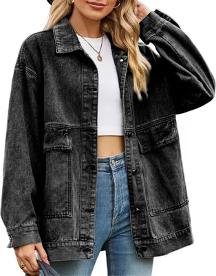 Produktbild von ASKSA Damen Jeansjacke Laessig Locker Revers Boyfriend Outwear Retro Jacke Mantel und Knoepfen, Schwarzgrau, M