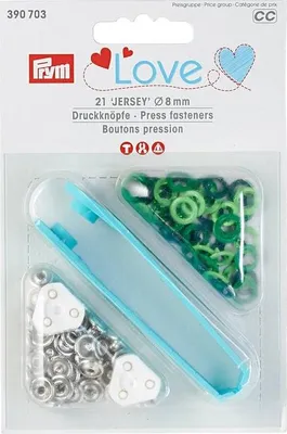 Obrázek produktu pro Stiskací knoflíky + narážeč Jersey, Prym Love, 8 mm, 21 ks, zelené