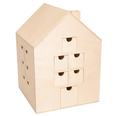 A wooden advent calendar shaped like a house, with multiple small drawers.