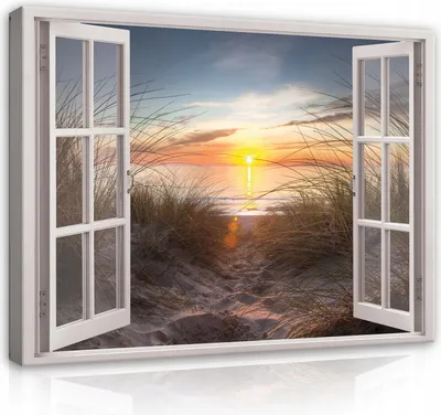 Zdjęcie produktu dla Canvas Pictures Window View Beach Sea - 120x80 cm - Panorama Nature Landscape Modern Canvas Picture XXL Illusion Window Kitchen Bedroom Living Room Wall Art Print Wall Picture Picture on Canvas Ready to hang