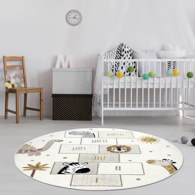 Image de Tapis pour enfants avec animaux & jeu de sauts Doux, facile d'entretien & résistant à l'usure en crème Taille - 120 cm Rond