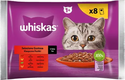 Imagen del producto de WHISKAS, alimento húmedo para gatos, variedad "Classic Meals" en salsa, caja de 8 unidades.